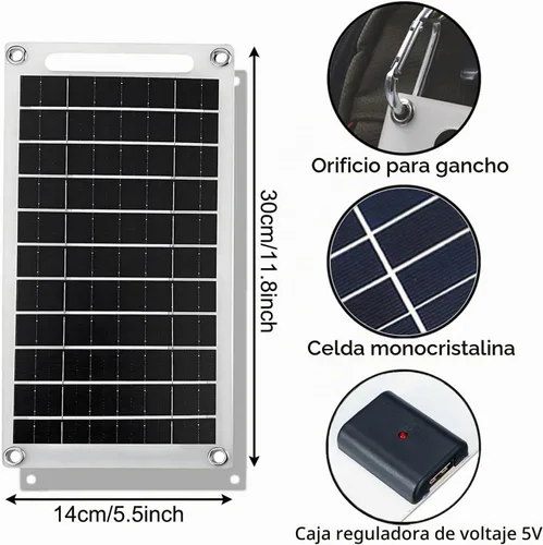 Vista 2 de Mini 5V 6W Panel Solar USB, Cargador Solar Portátil de 5 Voltios 6 Vatios de Alta Eficiencia Monocristalino con Cable de 55 Pulgadas para Celular