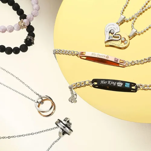 Vista 7 de Juego de 8 piezas de collar y pulseras a juego para mujeres y hombres, para ella, rey, su reina, te amo, corona de corazón, novio, novia, regalo