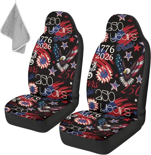 Vista 7 de ELEQIN 250 fundas de asiento delantero de automóvil con bandera patriótica estadounidense, paquete de 2 protectores de asiento de poliéster suaves