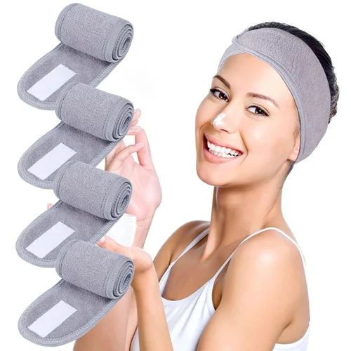 Vista 8 de Diademas faciales de spa, 4 piezas, maquillaje, ducha, baño, diadema deportiva, toalla elástica de tela de rizo con cinta mágica (negro)