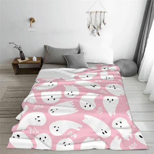 Vista 8 de Manta rosa de fantasmas de Halloween, manta de franela ligera y suave y mullida para cama, sofá, sala de estar, automóvil, viajes, mascotas, 40 x 30