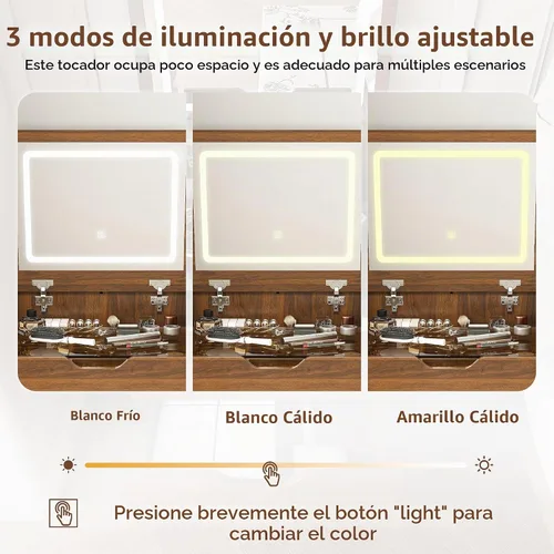 Vista 3 de Escritorio de tocador abatible con espejo iluminado LED y toma de corriente integrada, mesa de tocador de maquillaje con 2 cajones, almacenamiento