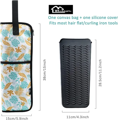 Vista 4 de WK IEASON 2 piezas de funda de plancha plana para el cabello, bolsa de lona, resistente al calor, rizador de silicona, para herramientas de cabello