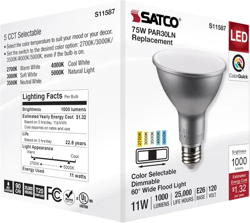Vista 8 de Satco S11587 (12 unidades) 11 vatios PAR30LN bombillas LED reflectoras E26 base media CCT Select 2700K-5000K 1000 lúmenes 120 voltios 60 haz