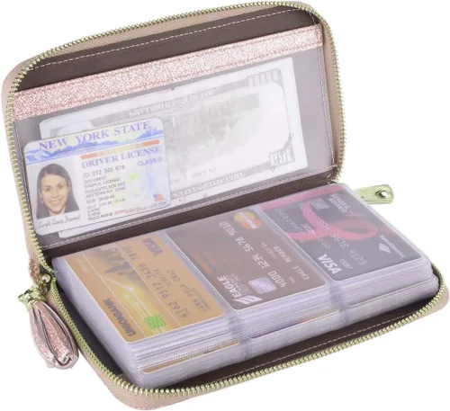 Vista 22 de Easyoulife - Billetera con cierre de mujer, tarjetero de cuero, cartera con cremallera, bloqueo RFID rosado (Bean Pink)