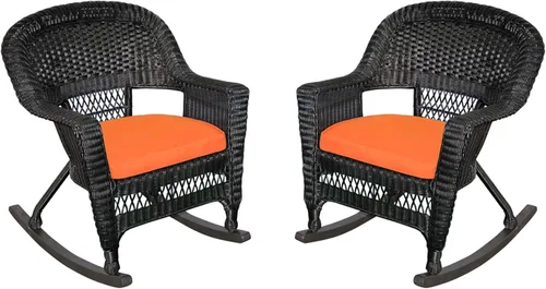 Vista 4 de Jeco Juego de 3 sillas de mimbre Rocker con cojín naranja, color negro