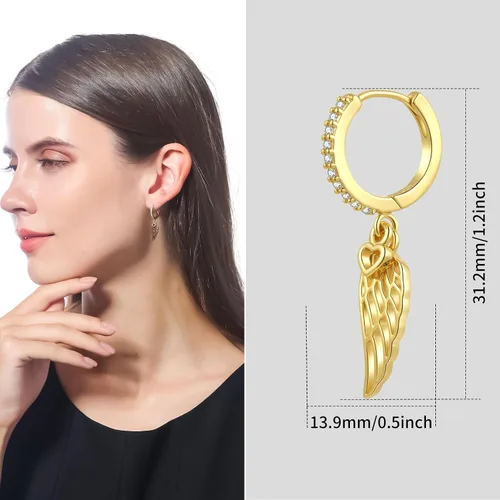 Vista 3 de ToHeart Aretes colgantes de ángel de oro, aretes dorados con alas de ángel para mujer, regalos de Navidad, aretes delicados hipoalergénicos