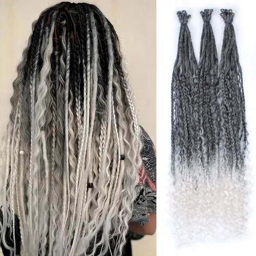 Vista 15 de Extensiones de rastas trenzadas bohemias de 24 pulgadas, 10 hebras de rastas sintéticas rizadas color marrón degradado con trenza de caja, rastas