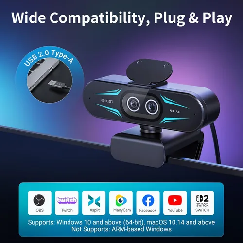 Vista 8 de EMEET C60E Cámara web de 4K de doble cámara para transmisión, cámaras de gran angular y telefoto, zoom híbrido máximo de 11X