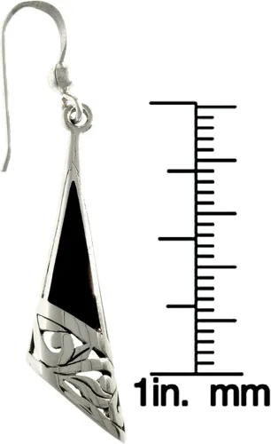 Vista 3 de Pendientes largos de filigrana de ónix negro creado en plata de ley, Plata de ley, ónix sintético