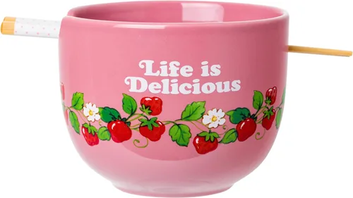 Vista 2 de Silver Buffalo Strawberry Shortcake - Tazón de cerámica vintage para ramen con palillos, apto para microondas, 20 onzas