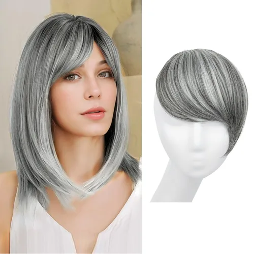 Vista 16 de SARLA Flequillo lateral negro marrón con clip en piezas de cabello sintético, extensión de flequillo recto para mujeres