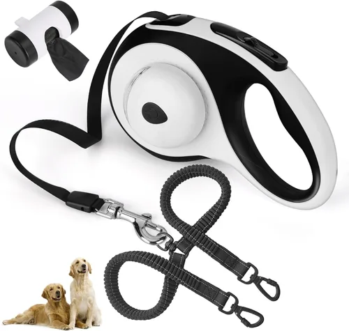 Vista 8 de Correa retráctil doble para perros medianos (hasta 66 libras cada uno), correa de doble cabeza para mascotas con bolsas para excrementos y luz LED