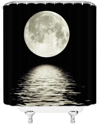 Vista 2 de Cortina de ducha de luna llena, paisaje nocturno del océano, agua de mar, superluna, astronomía, tela negra, juego de decoración de baño, incluye