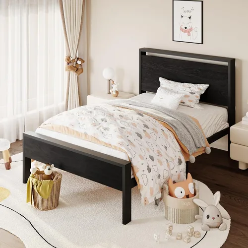 Vista 3 de SHA CERLIN Base de cama de plataforma metálica de tamaño individual de 14 pulgadas con cabecera y estribo de madera, base de colchón, no necesita