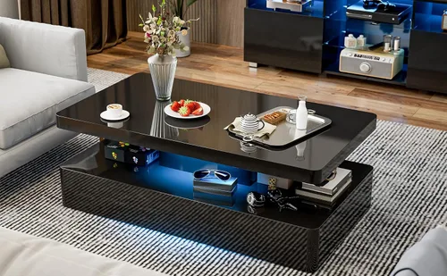 Vista 6 de Mesa de centro LED moderna, mesa de centro negra de alto brillo con luces LED de 16 colores, rectangular, 43.3 x 23.6 x 15.4 pulgadas Negro