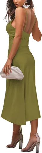 Vista 2 de LYANER - Vestidos de satén para mujer, con tirantes delgados y cuello desbocado, largo por debajo de la rodilla, diseño sexi, fruncido para cóctel