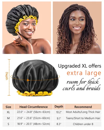 Vista 29 de Gorro de ducha negro extra grande para mujeres y hombres con cabello grueso, largo y trenzas, reutilizable, impermeable, de doble capa XL, gorros