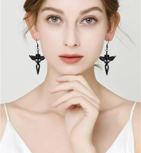 Vista 6 de Aretes colgantes de cruz negra con diseño de punk gótico único para mujeres y hombres, regalo de joyería de Halloween