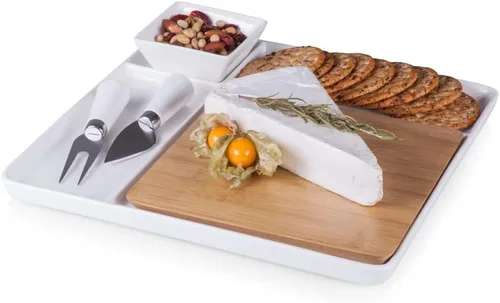 Vista 4 de Picnic TIME NFL Peninsula Tabla de cortar y bandeja para servir, tabla de queso, tabla de embutidos - plato de aperitivo, bambú y cerámica blanca