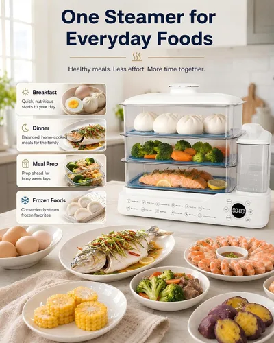 Vista 9 de Vaporizador eléctrico de alimentos de 24 litros, vaporizador digital de 3 niveles con inicio de retraso de 24 horas, mantiene el calor, tanque