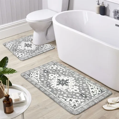 Vista 9 de Uphome Juego de 2 tapetes de baño bohemios vintage, antideslizantes, suaves, lavables a máquina, oriental estético, tapete de baño tradicional