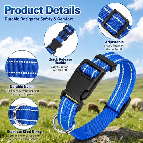 Vista 3 de Paquete de 5 collares reflectantes de cabra con campanas, collar para mascotas antipérdida Adjustable Nylon Collar & Sheep Grazing Copper Bells