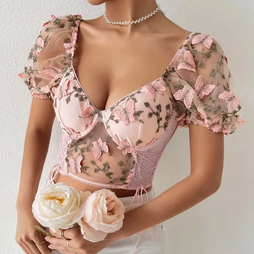 Vista 5 de Swbreety Camiseta de manga abombada bordada floral para mujer, ajustada, corsé corto, sexy, bustier