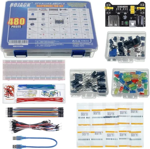 Vista 2 de BOJACK 37 Values - Kit de 480 piezas de componentes electrónicos con módulo de fuente de alimentación, cable de puente, potenciómetro de precisión