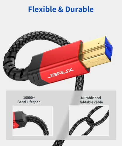 Vista 4 de JSAUX Cable de impresora USB B 3.0 a USB C de 6.6 pies, cable USB 3.0 tipo B de nailon compatible con estación de acoplamiento, discos duros