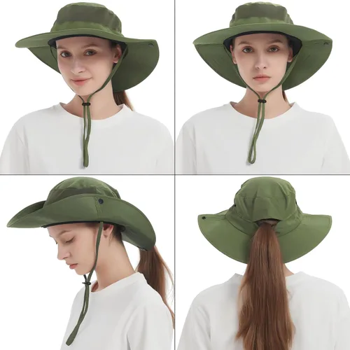 Vista 7 de Cooling Sun Bucket Hat, UPF 50+ Wide Brim Boonie Hat with Ponytail Hole 01 Verde (01 Army Green)