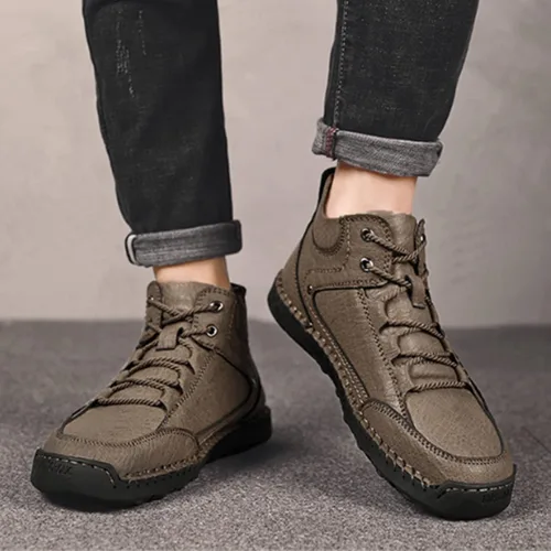 Vista 3 de PURCHAWEE Zapatos de senderismo de cuero para hombre, botas Chukka, costura a mano, antideslizantes, buen soporte de arco, zapatos casuales