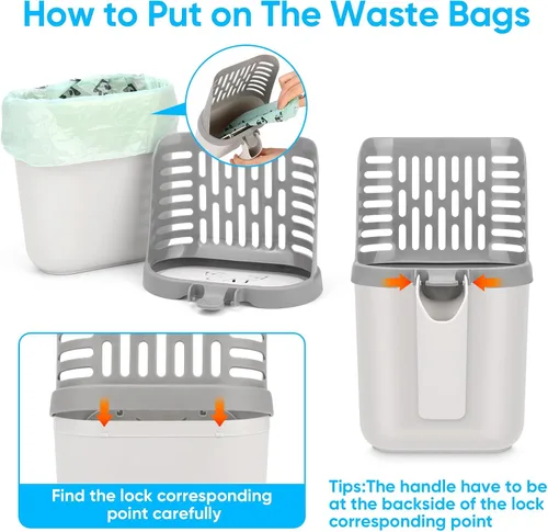 Vista 7 de MYPIN Recogedor grande de arena para gatos con bolsas, pala de arena para gatos mejorada con soporte y basura, pala para gatos con bolsas de basura