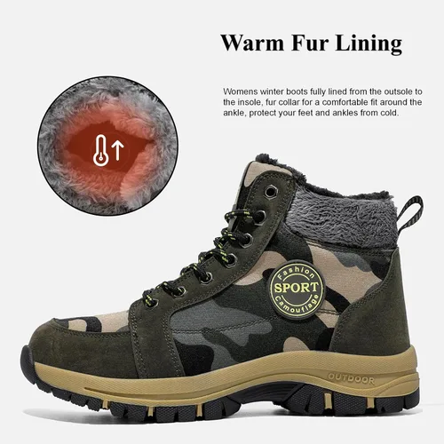 Vista 2 de Qiucdzi Botas de nieve de invierno para hombre, con forro de piel cálida, antideslizantes, para exteriores, zapatos de trekking antideslizantes