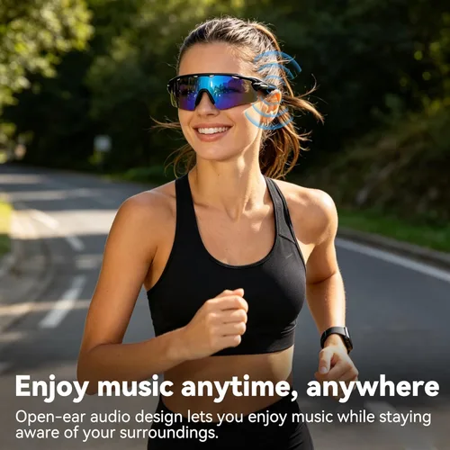 Vista 3 de Lentes de audio inteligentes Bluetooth, para correr, ciclismo, lentes de sol Bluetooth con música y llamadas manos libres, asistente de voz AI