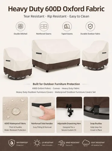 Vista 9 de Juego de fundas para muebles de patio de 3 piezas, 2 fundas para sillas de patio de 33 pulgadas y 1 funda de sofá de 3 plazas de 79 pulgadas