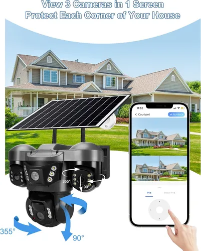 Vista 4 de KEPEAK Cámara de seguridad solar inalámbrica para exteriores, cámara PTZ de triple lente, inclinación panorámica de 360°, visión nocturna a