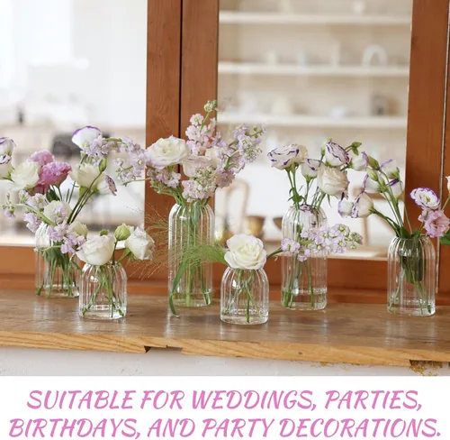 Vista 5 de Juego de 6 jarrones pequeños de vidrio para flores, modernos jarrones cilíndricos acanalados para centros de mesa de boda, decoración de sala
