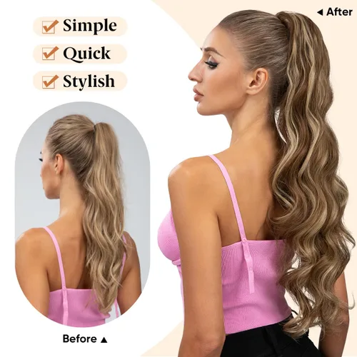 Vista 6 de Extensiones de cabello sintético ondulado con cordón para cola de caballo de 26 pulgadas, para mujer, castaño medio ceniza, rubio ceniza