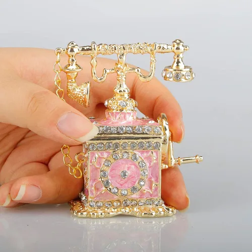Vista 7 de SEVENBEES Figuras de teléfono turquesa, caja esmaltada con bisagras con cristales rosados, joyeros decorativos, coleccionables, regalos para niñas