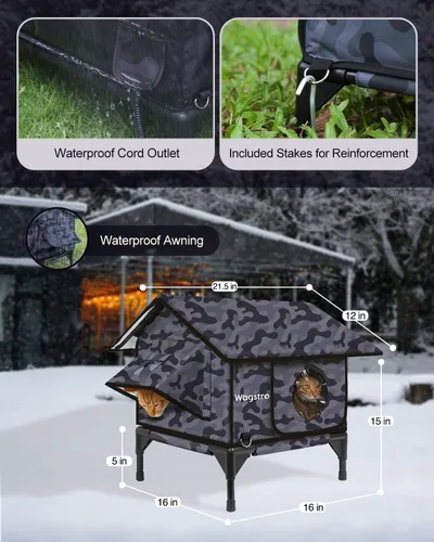 Vista 6 de Casa climatizada a dos aguas para gatos exteriores en invierno, 100% impermeable, puerta de escape, elevada, refugio aislado para gatos al aire