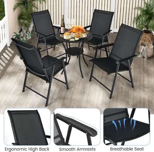 Vista 6 de Tangkula Juego de 2 sillas plegables para patio, sillas de comedor de tela para exteriores con respaldo alto y reposabrazos, marco de metal Negro