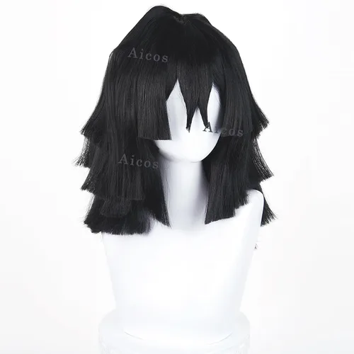 Vista 3 de Aicos Obanai Cosplay Wig - Costume Black Anime Wig with Bangs for Adults + Cap for Halloween Party