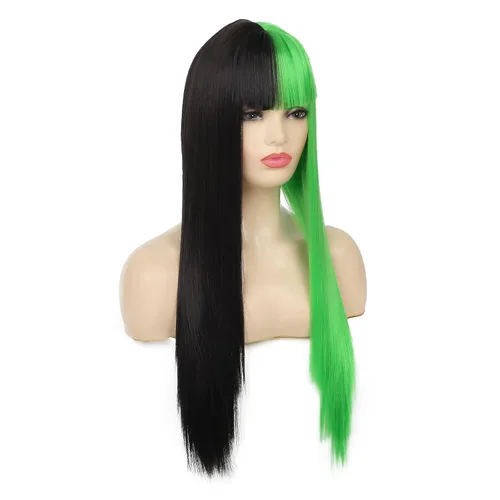 Vista 4 de Dai Cloud Peluca mitad verde medio negro con flequillo largo recto Halloween Cosplay Pelucas para mujeres sintético resistente al calor