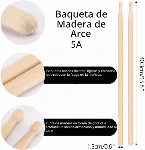 Vista 2 de 4 pares de baquetas 5A con punta de madera de arce para adultos, niños, principiantes, práctica