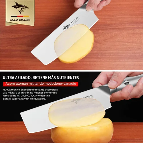 Vista 3 de MAD SHARK Cuchillo Nakiri de 7 pulgadas, cuchillo alemán ultra afilado de acero inoxidable para verduras, mango ergonómico, cuchillo de cocina