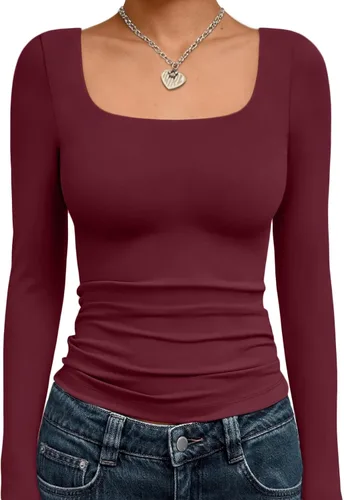 Vista 31 de Trendy Queen - Camisas ombligueras para mujer, manga larga, cuello cuadrado, básicas, para salir, de invierno, Y2K Albaricoque