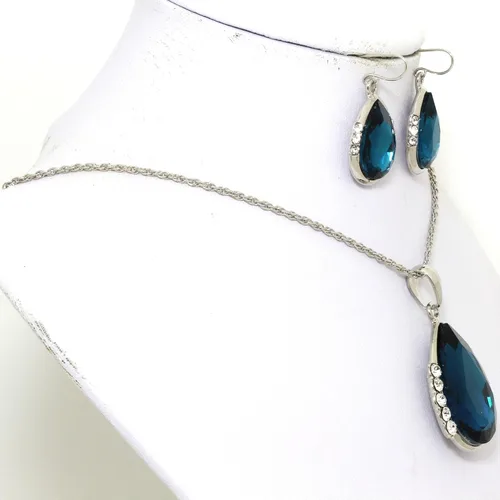 Vista 4 de Juego de collar y pendientes con colgante de diamantes de imitación, color turquesa oscuro