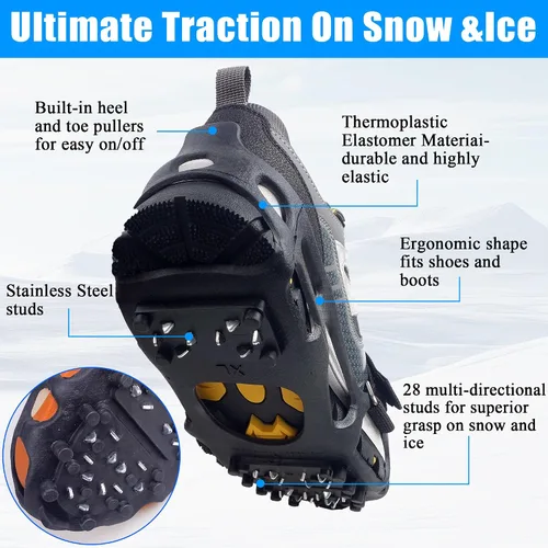 Vista 3 de Crampones, tacos de nieve de hielo para zapatos y botas con 28 tacos de acero antideslizantes para caminar sobre nieve y hielo, tacos de hielo