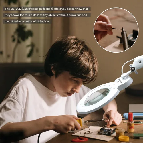 Vista 6 de Bifocals - Lámpara de escritorio con aumento con abrazadera, 5 dioptrías con 20 dioptrías, lente desmontable de 6 pulgadas y 120 luces LED, 3 modos